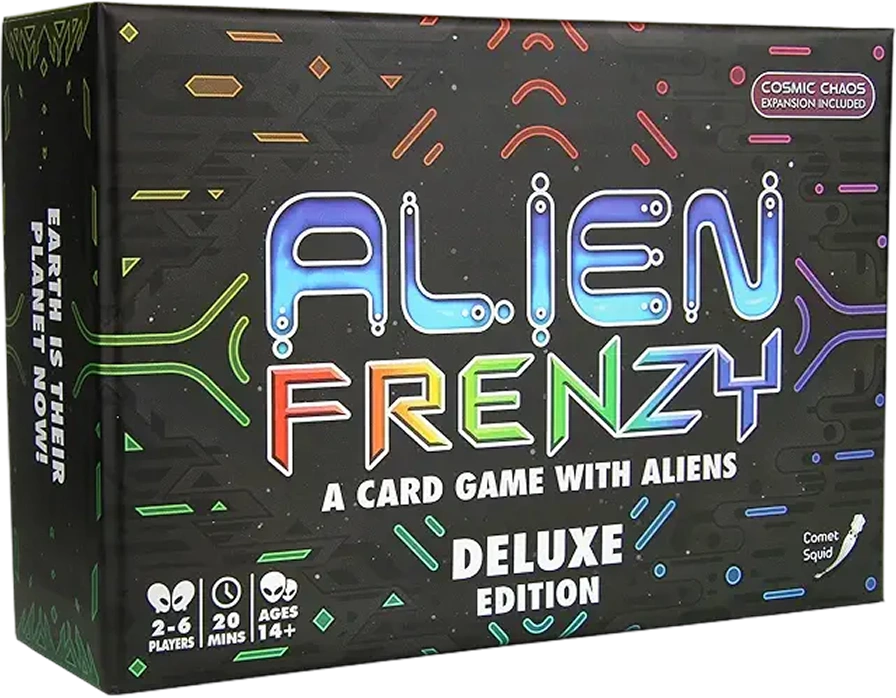 Colorful sci-fi card game with neon design, alien theme, fast-paced, chaotic gameplay, and futuristic elements on a dark background