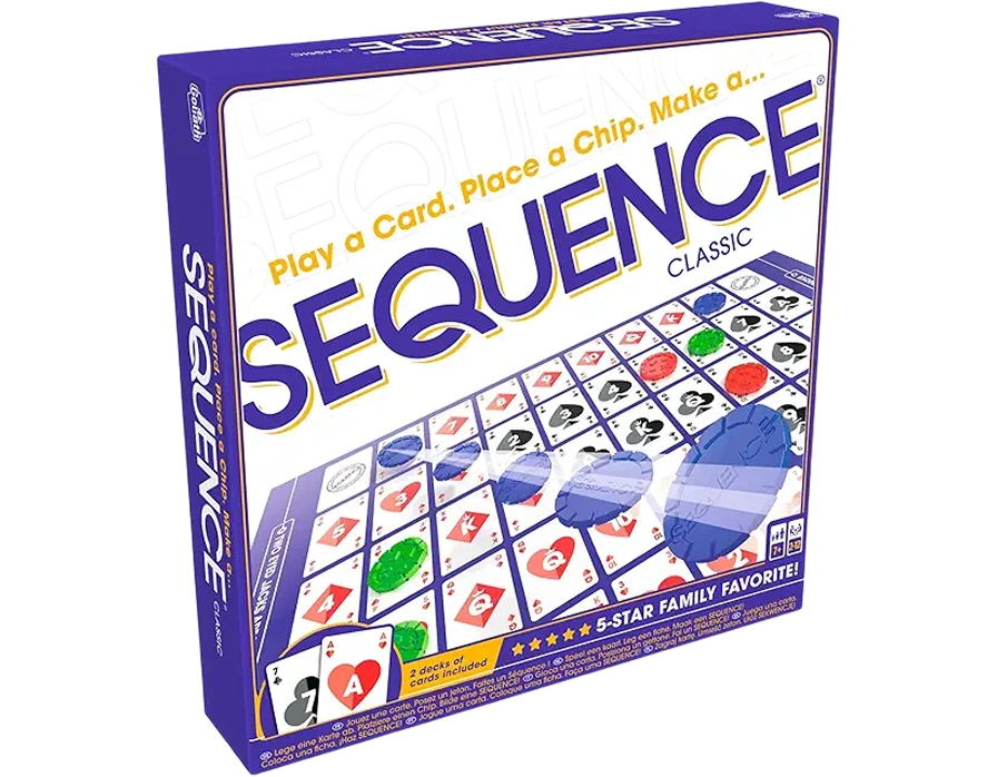 Classic strategic board game with cards and tokens on a grid, focused on forming sequences and tactical placement.