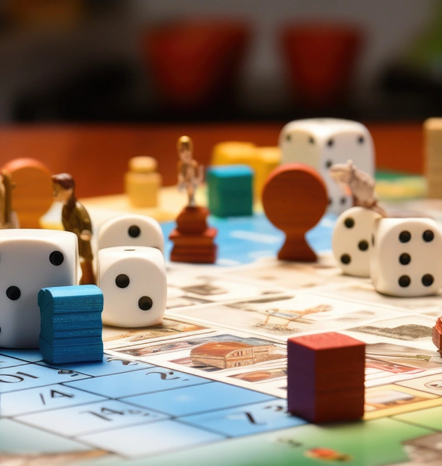 A colorful board game scene with dice, various game pieces, and miniature figures on a wooden table, exuding a playful and strategic atmosphere.