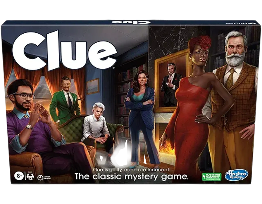 Detective mystery board game with characters in a country house, where a crime is solved using clues, deduction, and logic