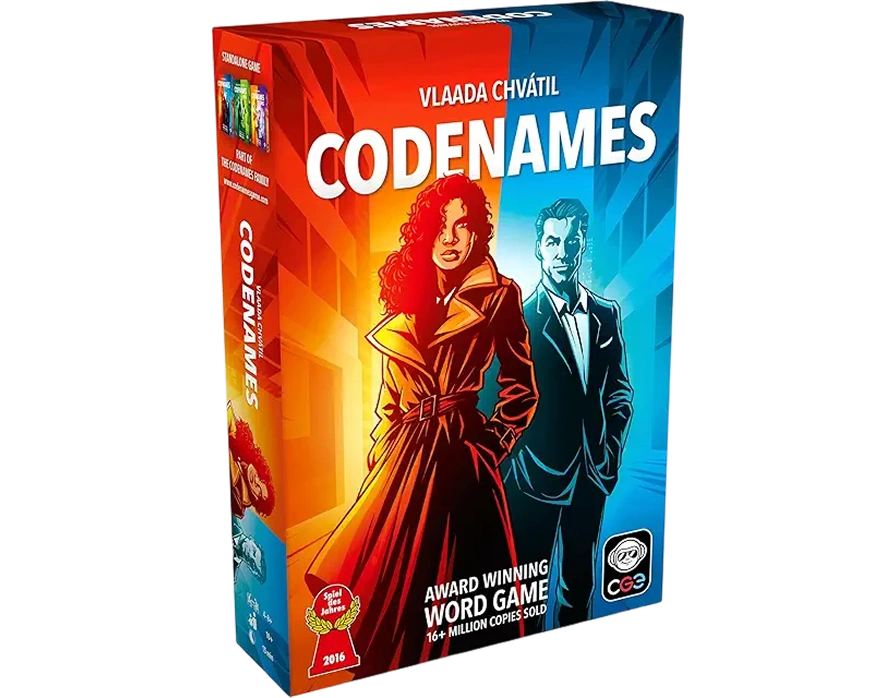 Team word association board game with a spy theme, where players guess words based on clues and hidden connections.