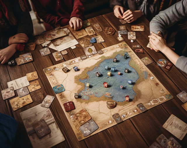 A group of people is playing a strategic board game on a wooden table, with a map, cards, and dice. The atmosphere is focused and collaborative.