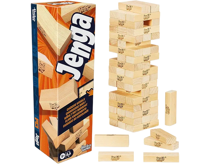 Stacking game with wooden blocks in the shape of a tower, focused on balance, precision, and careful movements.