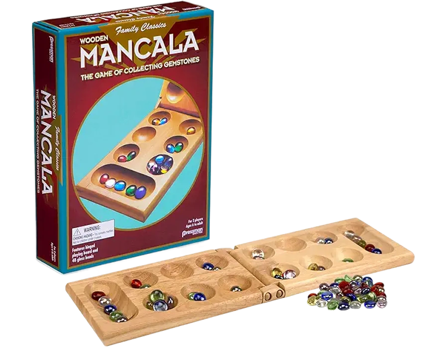 Traditional wooden board game with stones, based on counting, planning moves, and strategic resource allocation