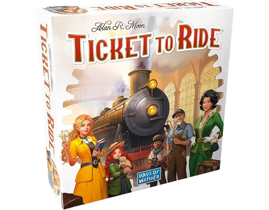 Strategic board game with train routes, a map, and a travel theme, where players lay connections between cities.